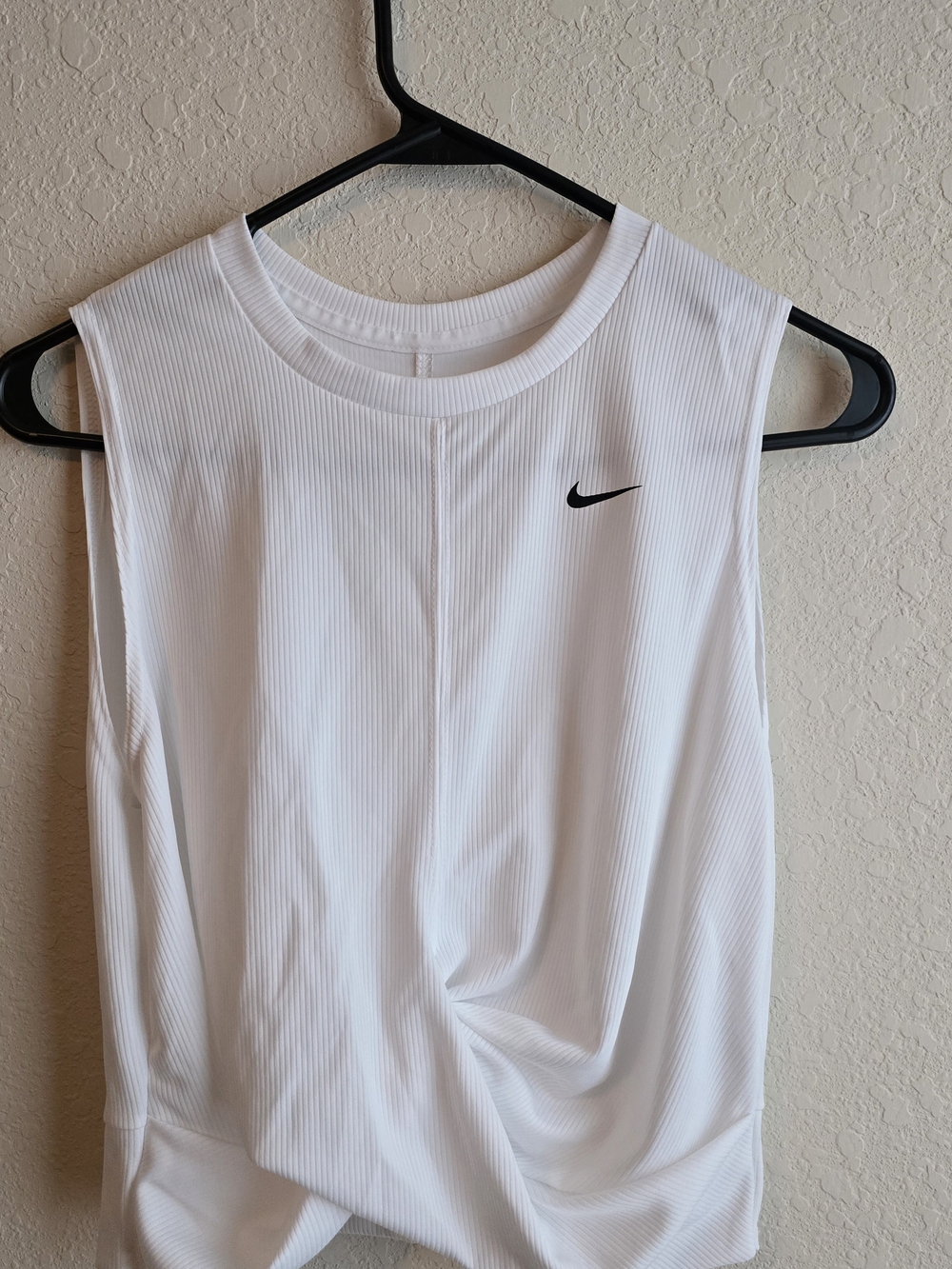 Nike White Ribbed Sleeveless Athletic Tank with Black Swoosh